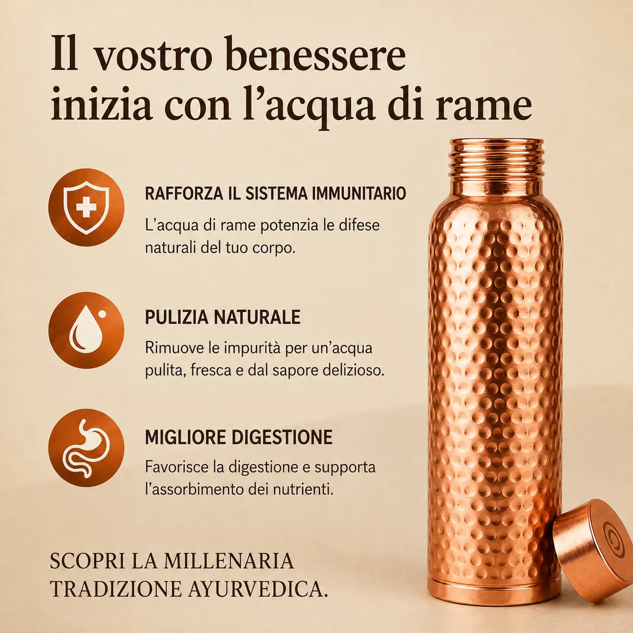 Borraccia in Rame Puro 99,9%: idratazione naturale, senza plastica