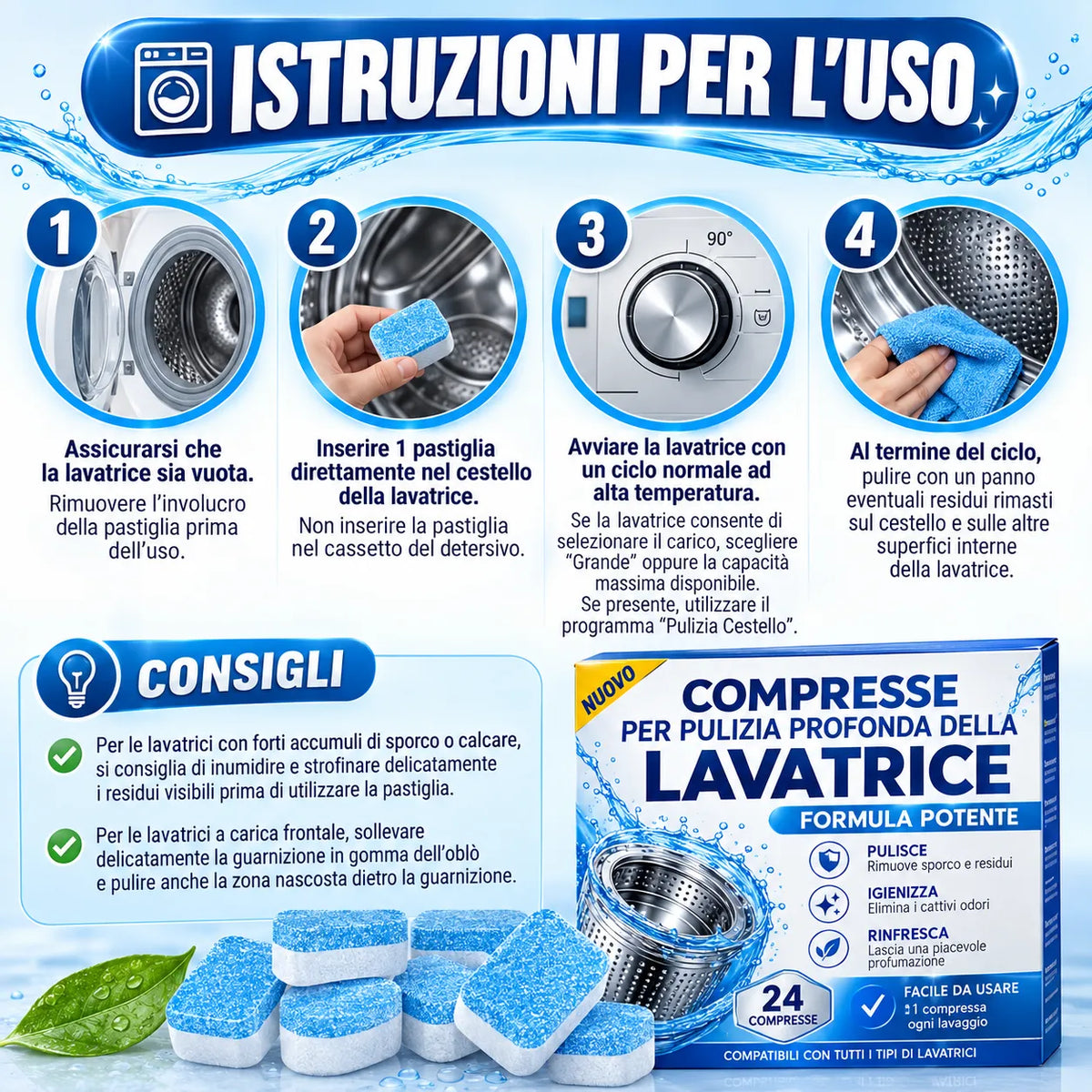Pastiglie Effervescenti Pulizia Lavatrice: sporco e odori spariscono in un ciclo