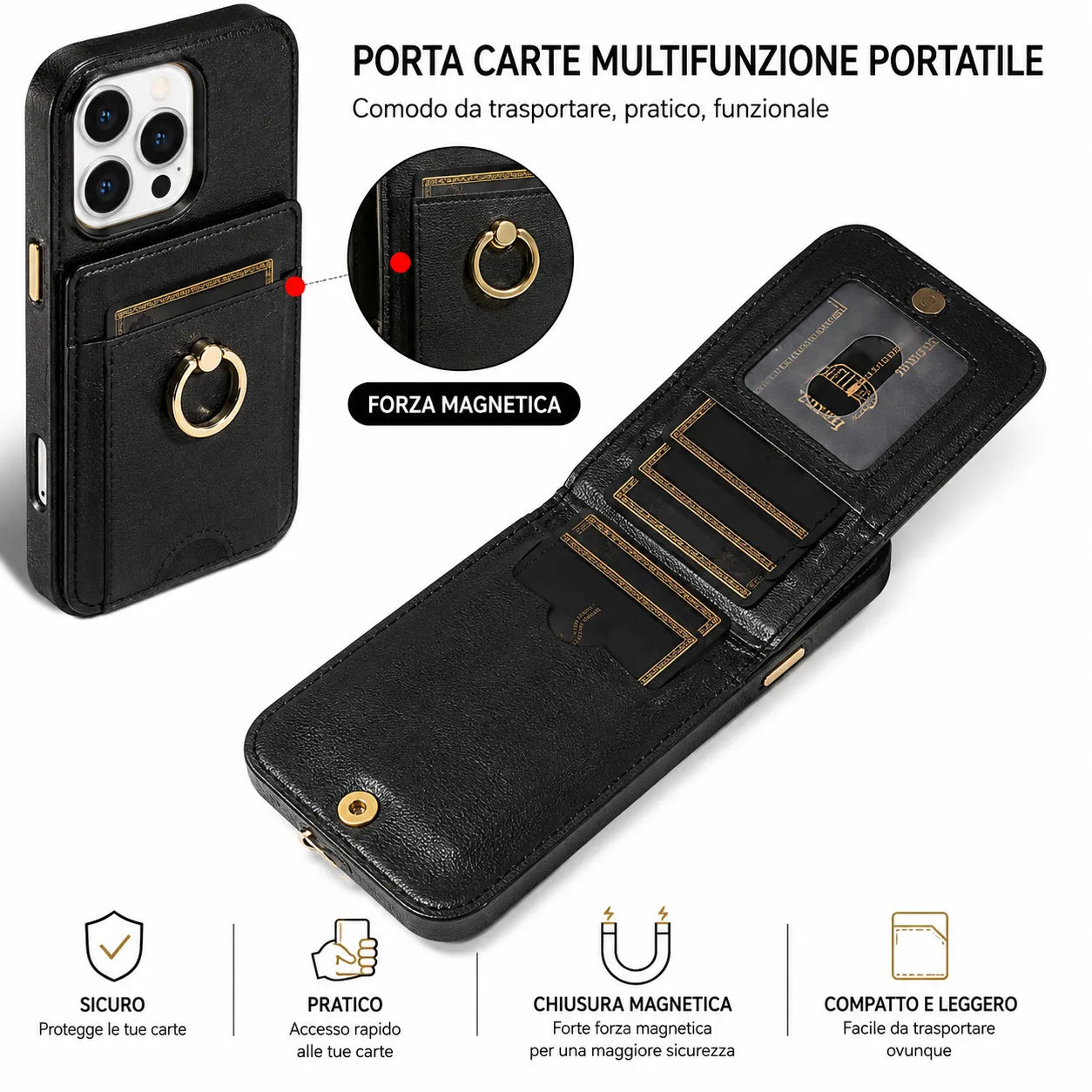 Custodia in Pelle con Porta Carte e Anello: tutto l'essenziale, in un solo accessorio