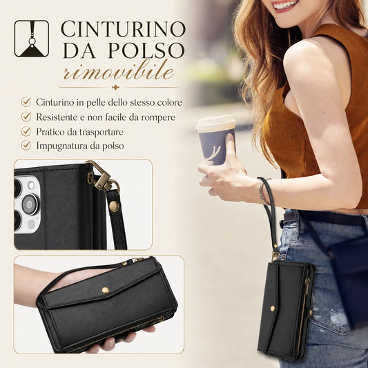 Custodia 4 in 1 in Pelle: telefono, carte, contanti e tracolla, tutto in un solo accessorio