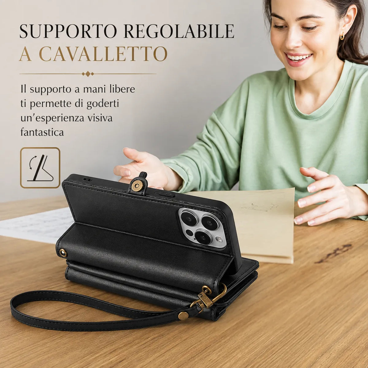 Custodia 4 in 1 in Pelle: telefono, carte, contanti e tracolla, tutto in un solo accessorio