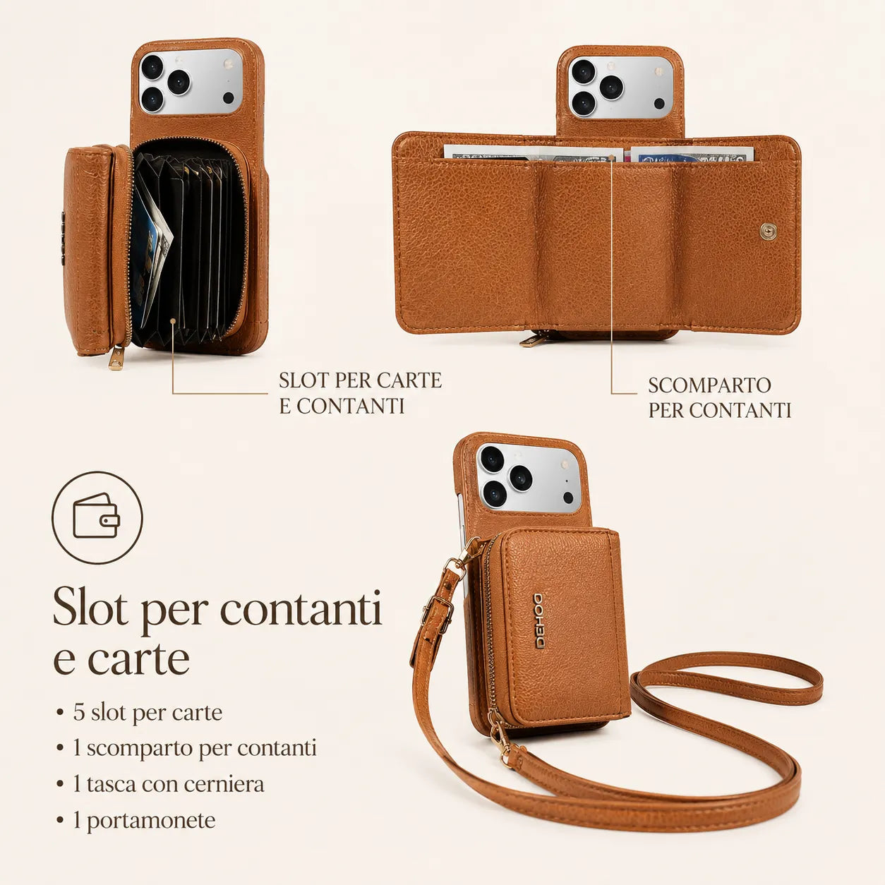 Custodia Portafoglio 3 in 1: telefono, carte e contanti, sempre con te