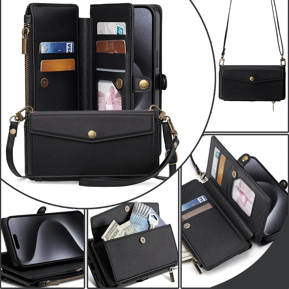 Custodia 4 in 1 in Pelle: telefono, carte, contanti e tracolla, tutto in un solo accessorio