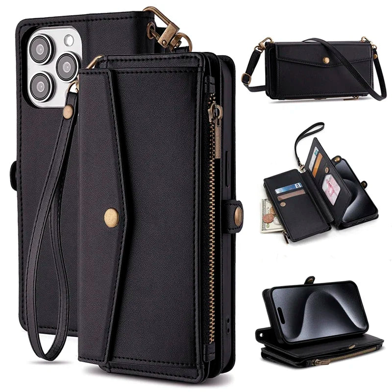 Custodia 4 in 1 in Pelle: telefono, carte, contanti e tracolla, tutto in un solo accessorio